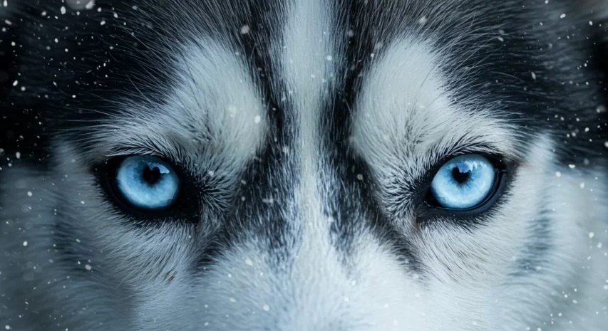 Olhos azuis penetrantes de um husky siberiano