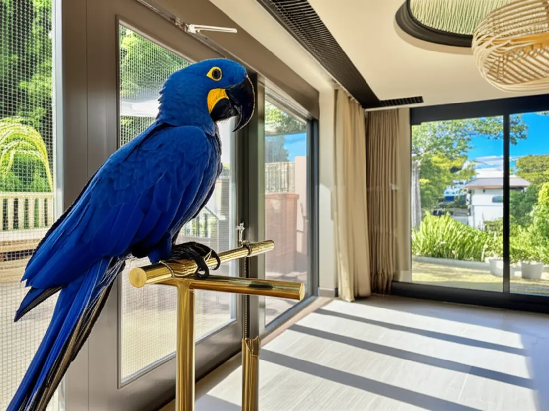 Arara azul rara em mansão de luxo como animal de estimação