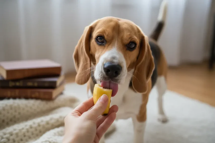 Beagle feliz comendo um pedaço de banana.