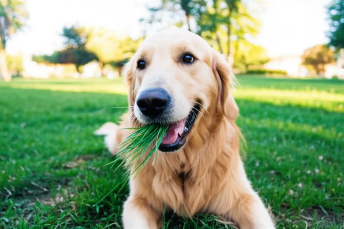 Cachorro comendo grama feliz