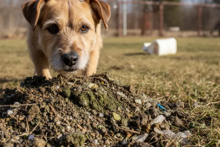 Cão cheirando o solo, risco de contaminação por vermes.
