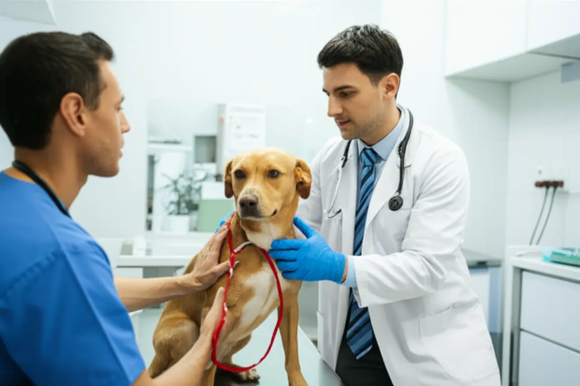 Veterinário examinando um pet em check-up preventivo.