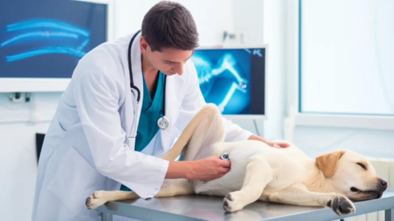 Veterinário examinando a pata traseira de um cão para diagnóstico.