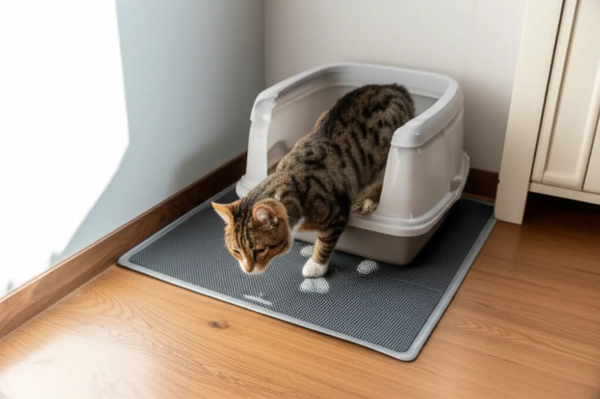 Caixa de areia de gato com tapete coletor e planta decorativa.