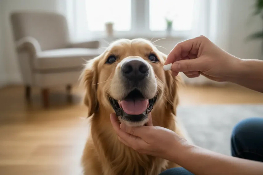 Dono dando vermífugo oral para cão da raça golden.