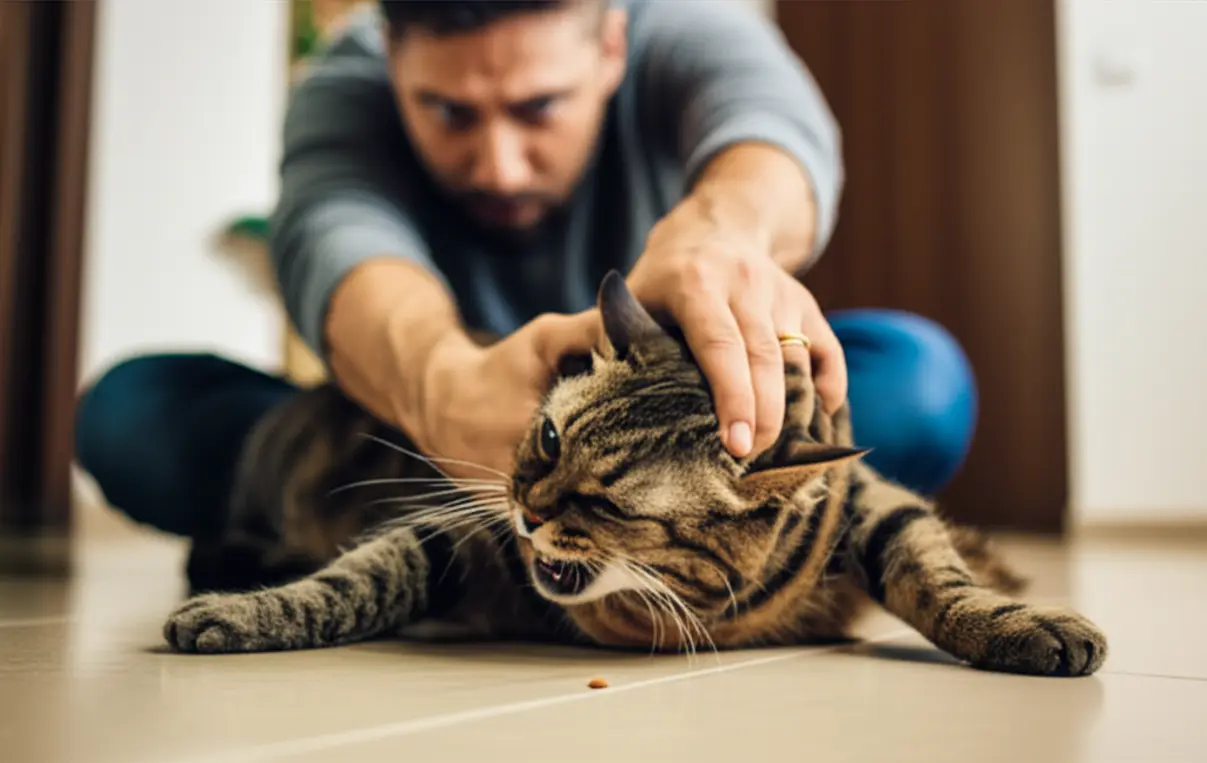 Mão humana forçando a boca de um gato para dar remédio