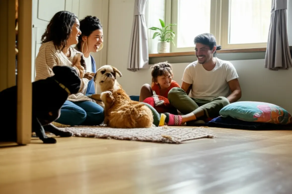 Família abraçada sorrindo com vários animais de estimação.