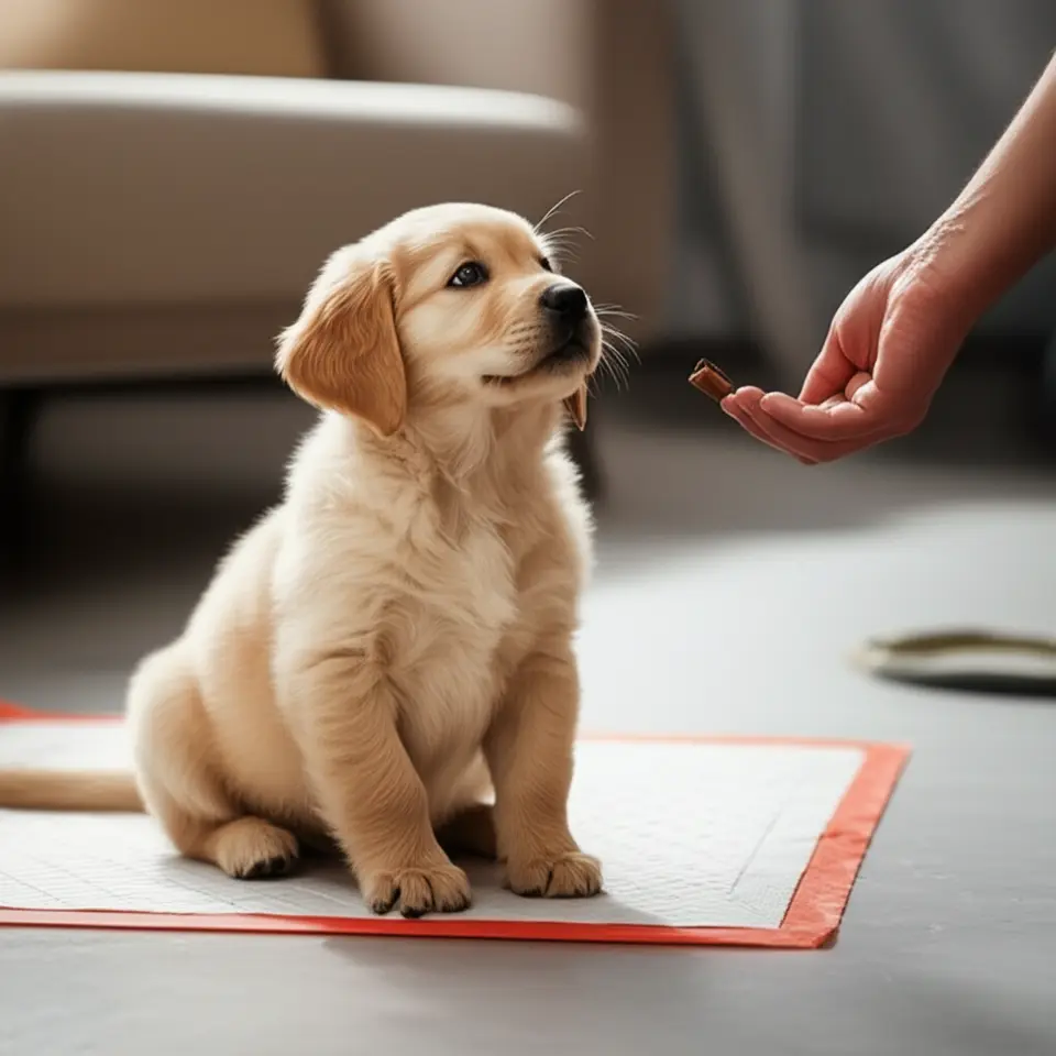 Filhote em treinamento, aprendendo a rotina e socialização.