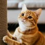 Gato arranhando poste sofa fundo