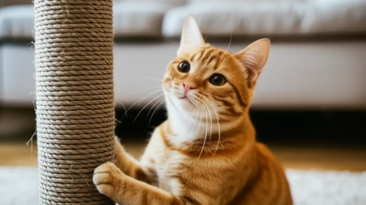 Gato arranhando poste sofa fundo