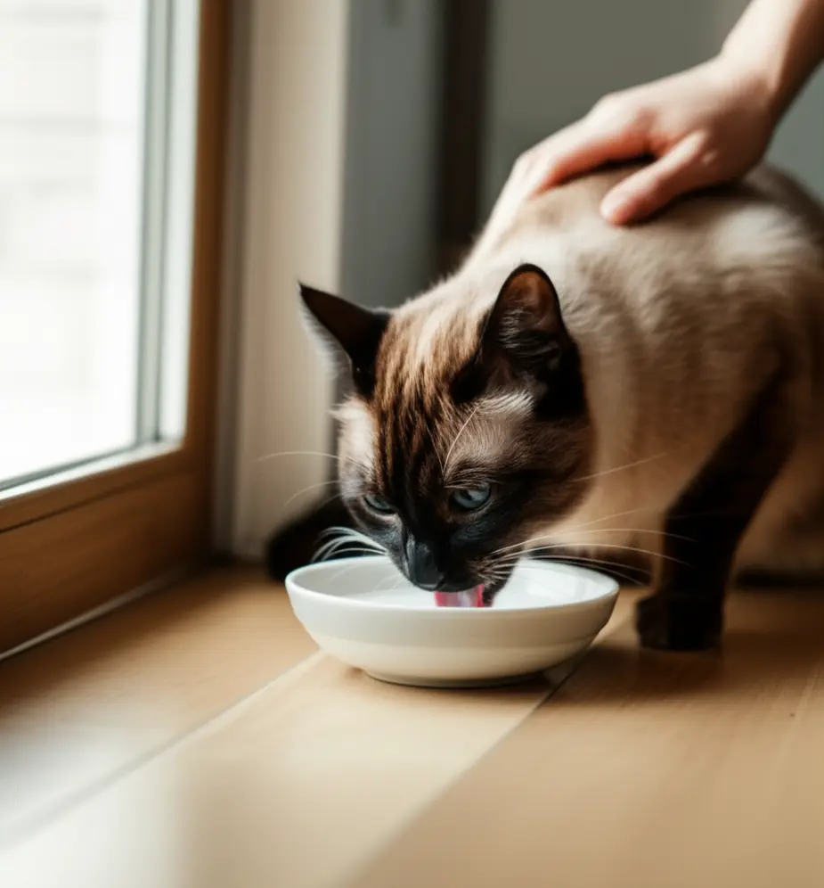 Gato bebendo água em casa para evitar desidratação.