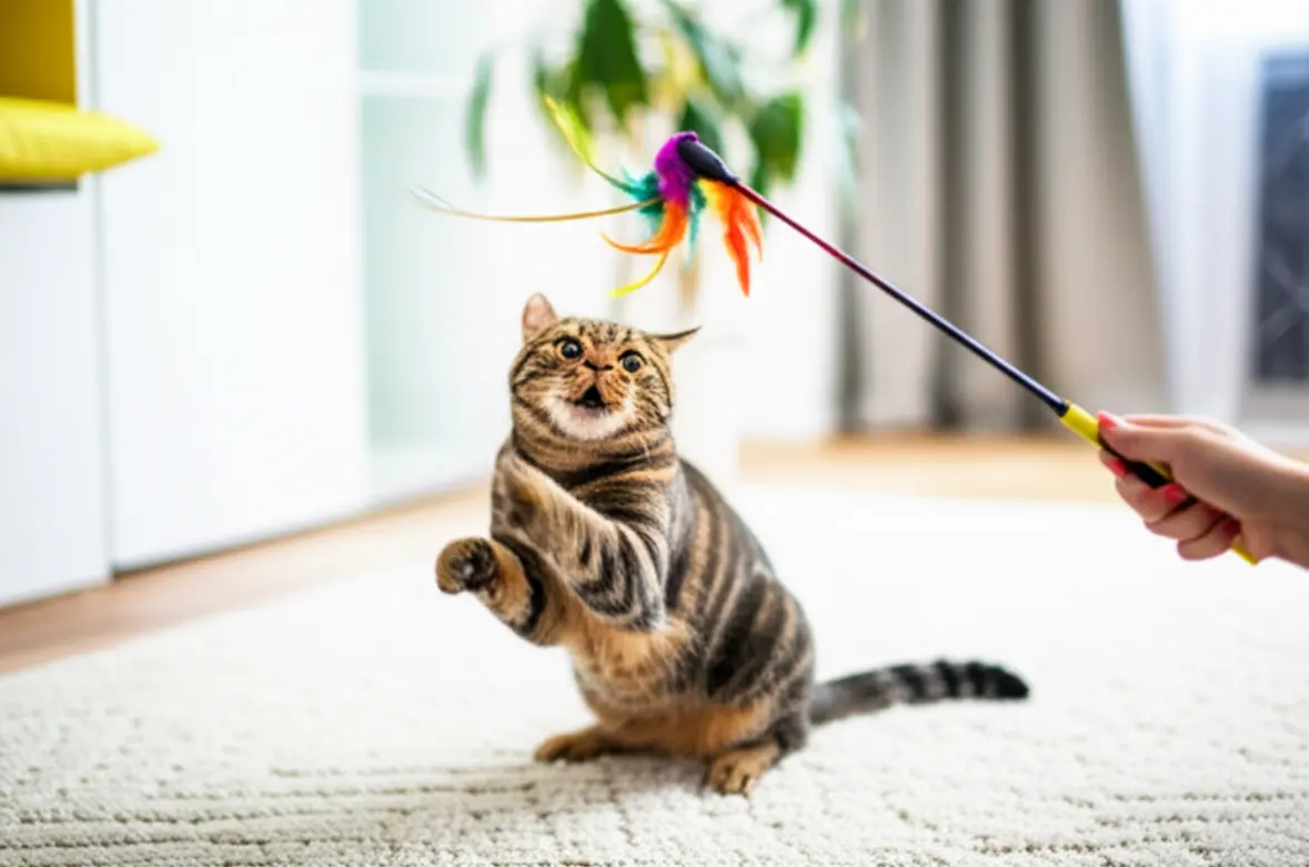 Gato brincando de caçar com brinquedo interativo e seguro.