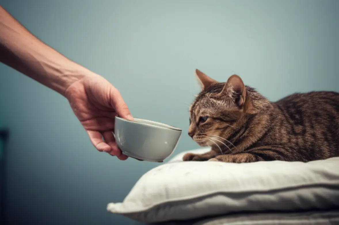 Dono oferecendo água a gato doente, com febre.