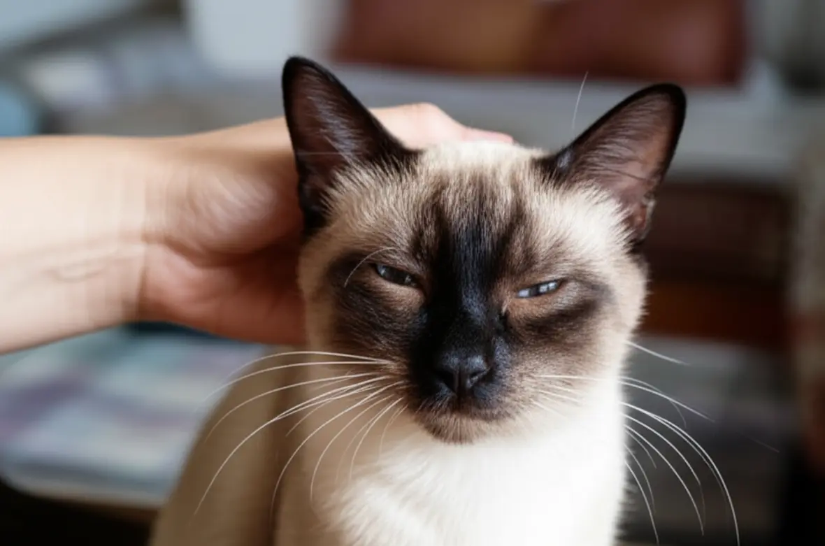 Gato siamês recebendo carinho com expressão de prazer.