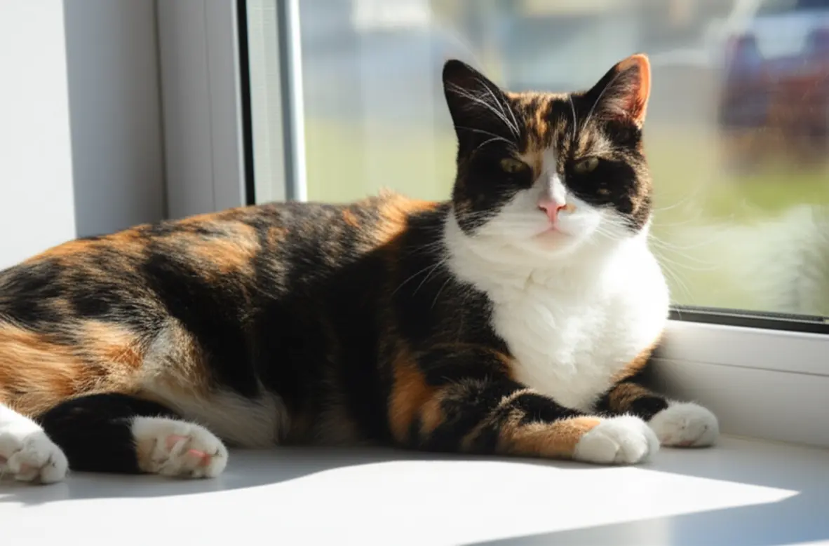 Close-up de gato Calico tricolor com manchas vibrantes