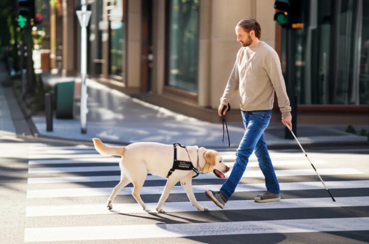 Labrador cão-guia auxiliando pessoa cega a atravessar a rua.