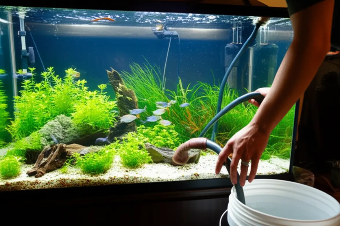 Pessoa realizando troca parcial de água em um aquário limpo.