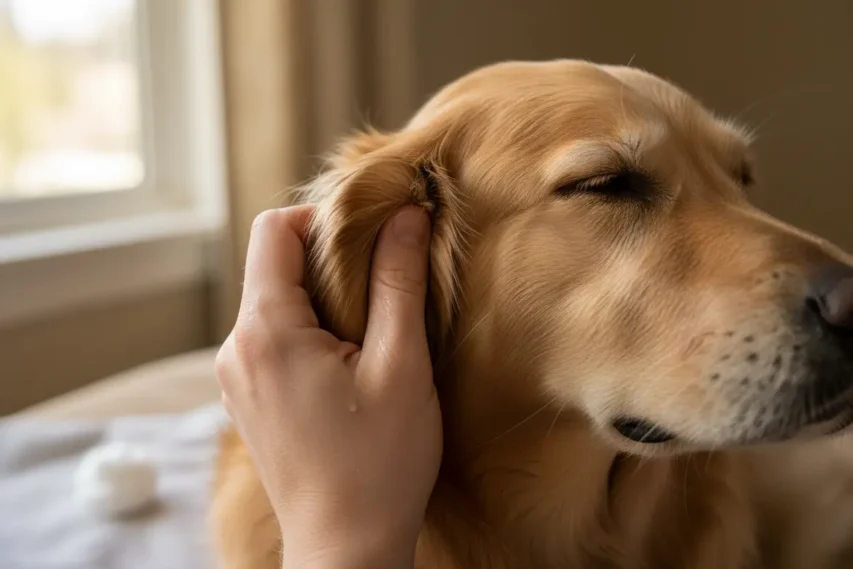 Dono fazendo massagem suave na base da orelha do cachorro