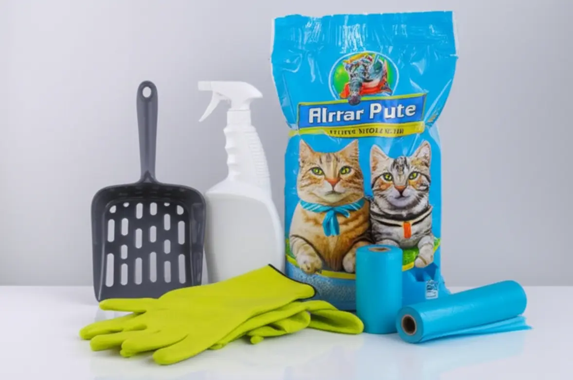 Kit completo de materiais para limpeza da caixa de areia do gato.