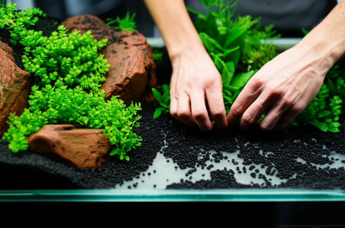 Montando um aquário, adicionando substrato e posicionando o filtro.