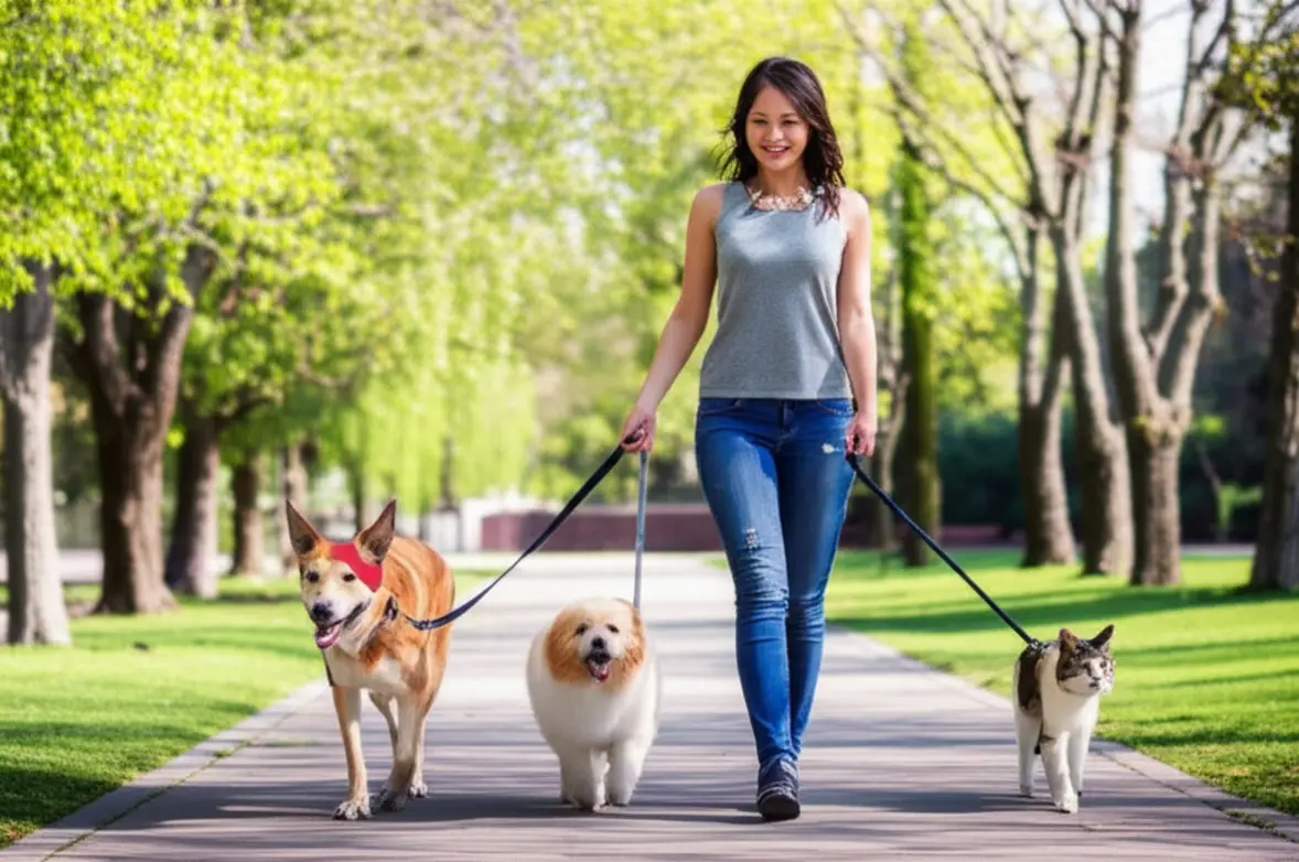 Tutor caminhando com três cães de raças diferentes em um parque