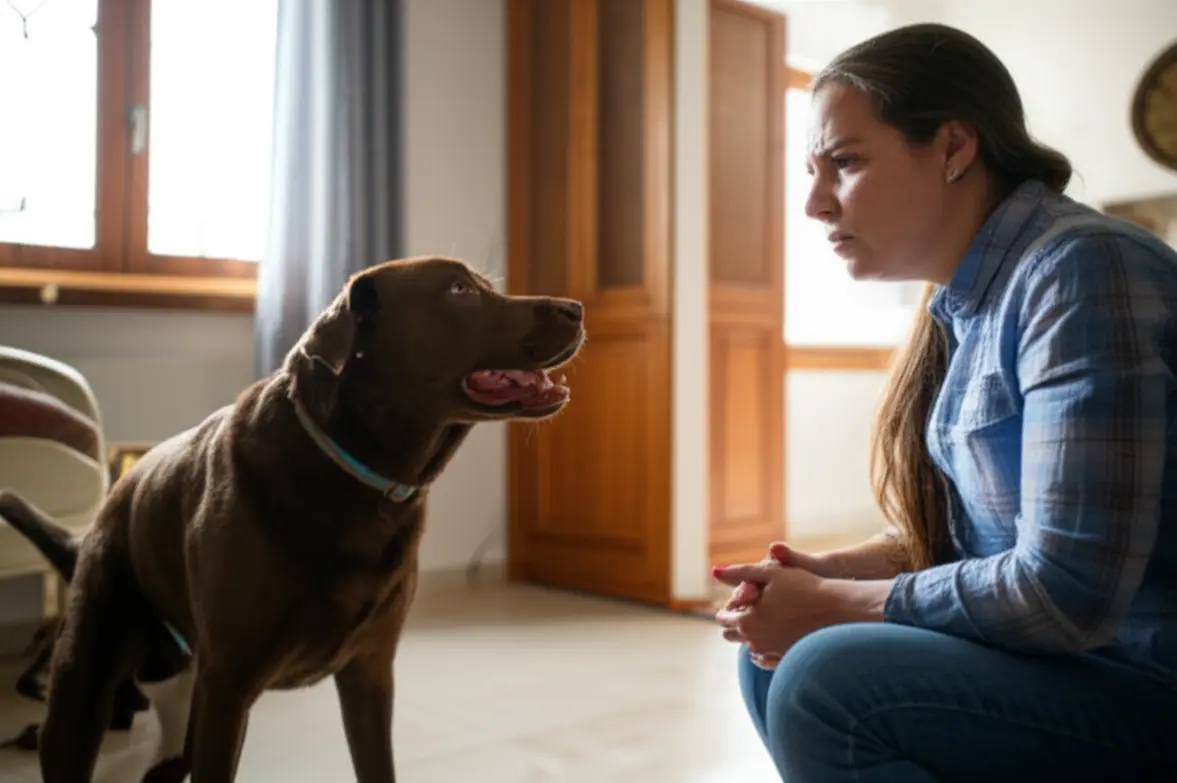 Dona observando seu gato escondido debaixo da mesa, sinal de estresse.