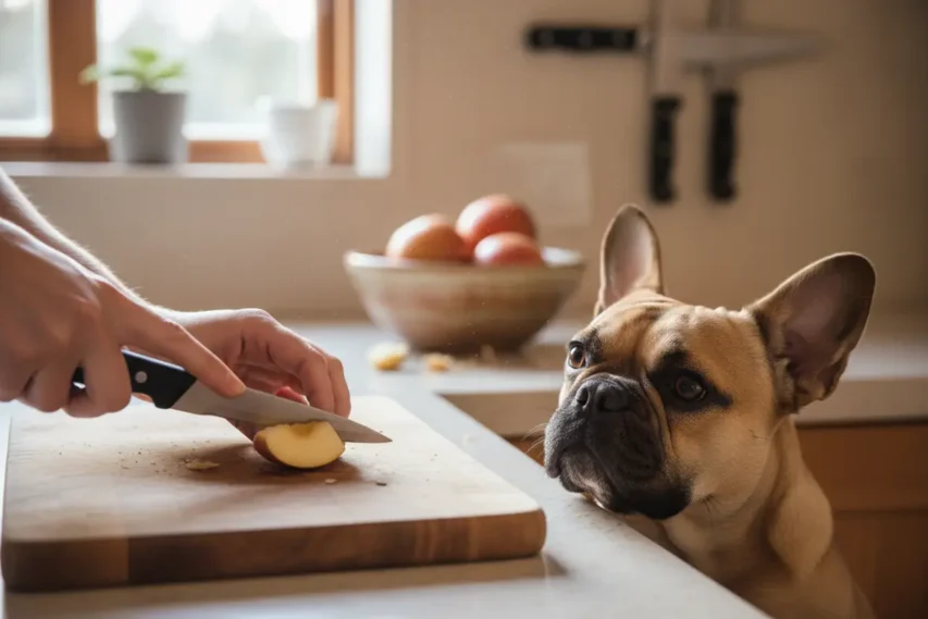 Tutora cortando frutas frescas para o seu cachorro.