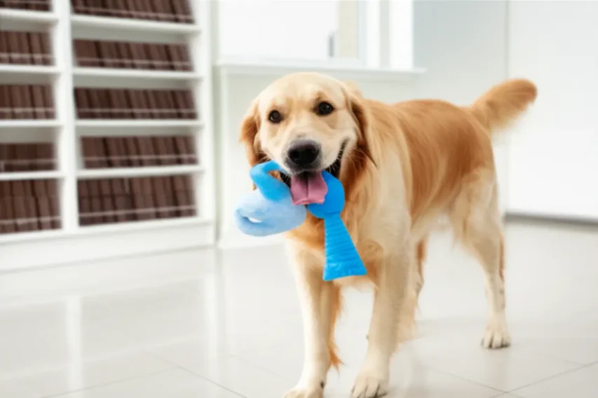 Cão seguro e feliz após prevenção de acidentes