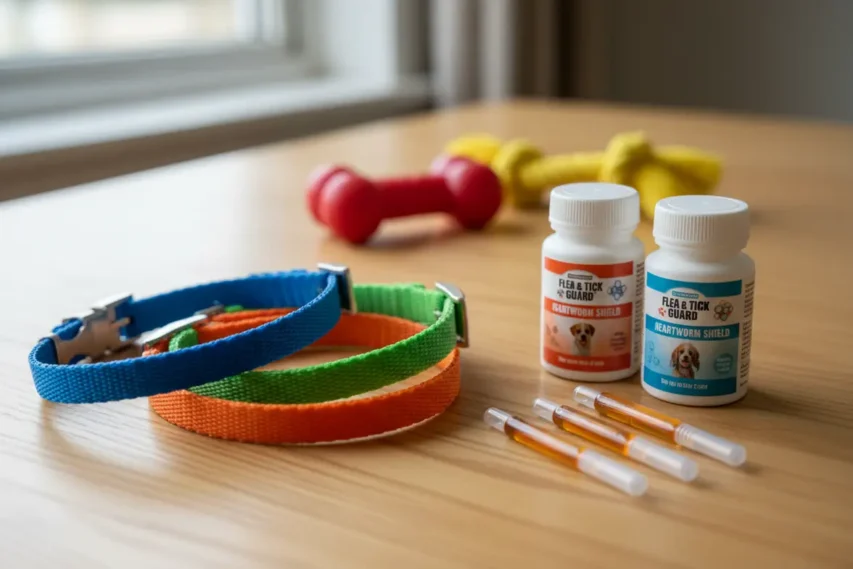 Variedade de produtos antiparasitários para cães e gatos