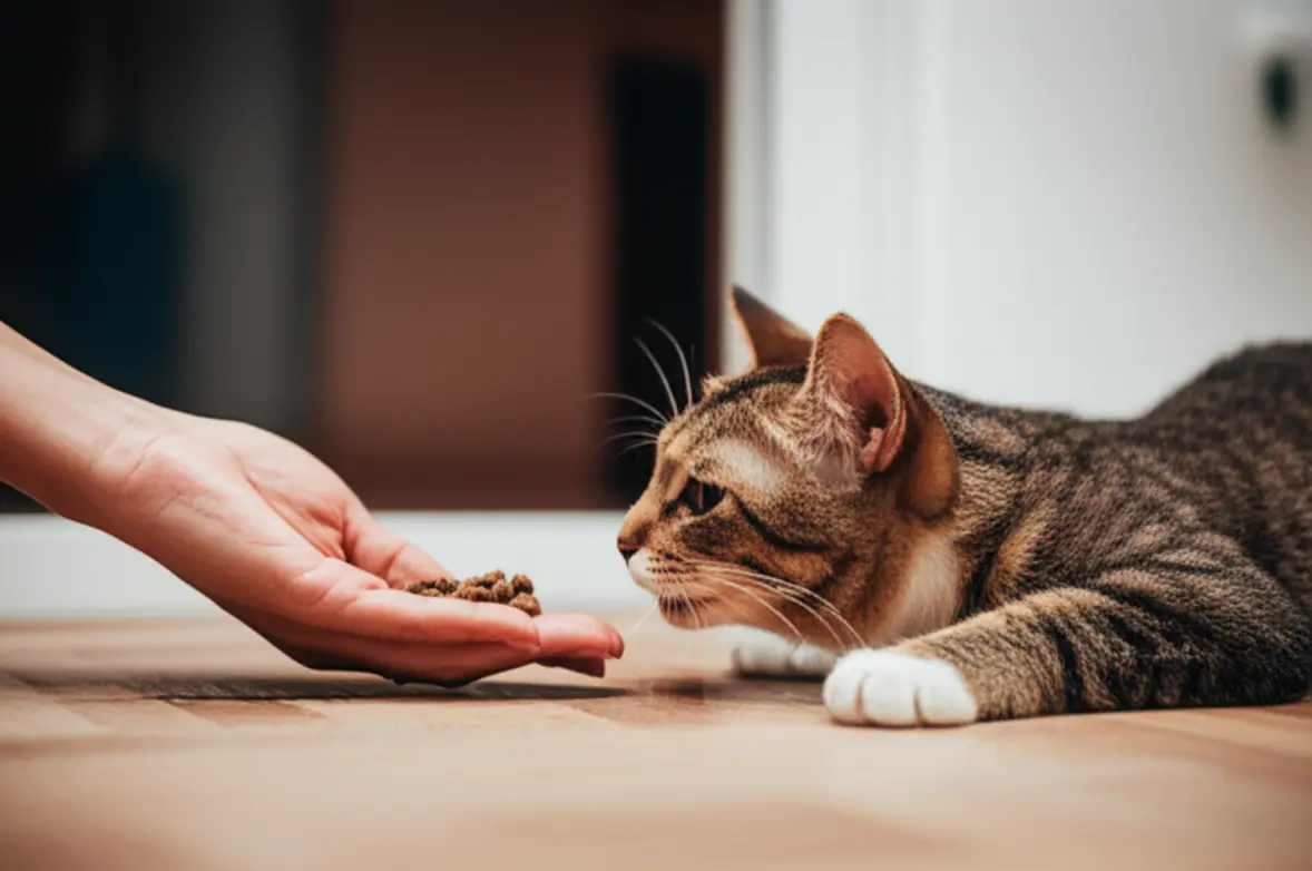 Mãos oferecendo nova dieta natural enquanto gato observa.