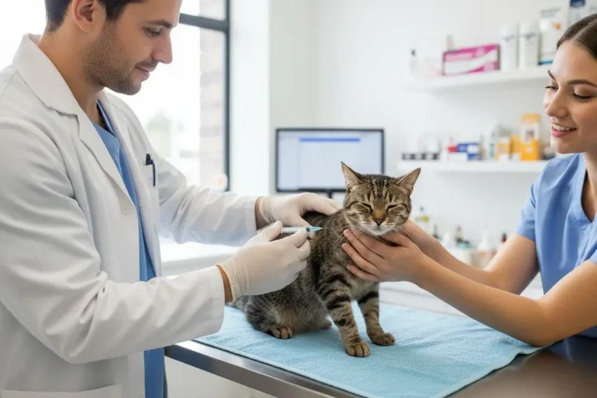 Gato sendo vacinado por um veterinário, protegendo contra doenças.