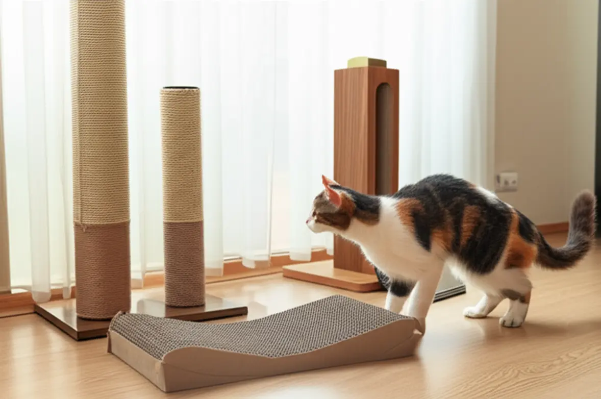 Variedade de arranhadores para gatos de todos os tipos.