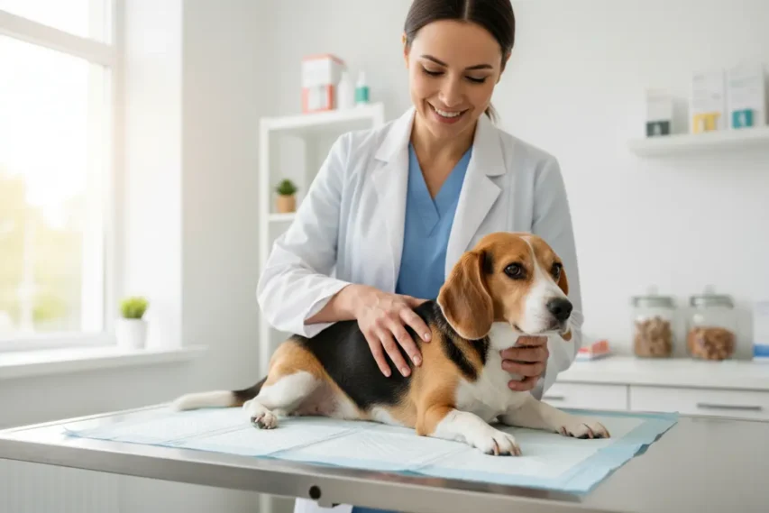 Veterinária examinando a saúde de um cachorro em consulta