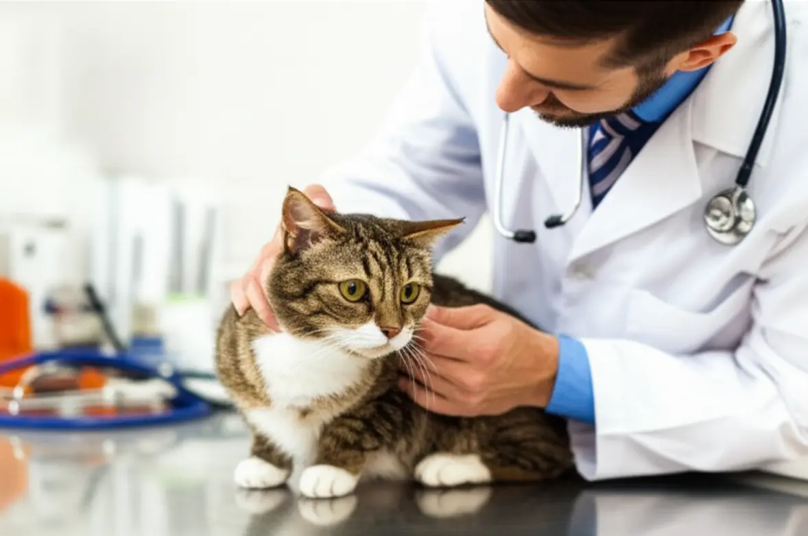 Veterinário examinando gato com vômito de espuma.
