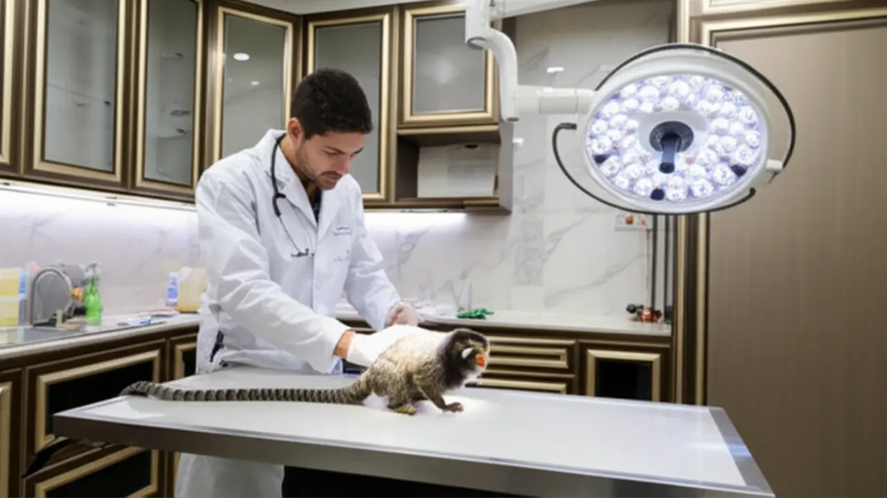 Veterinário examinando macaco exótico em clínica de luxo