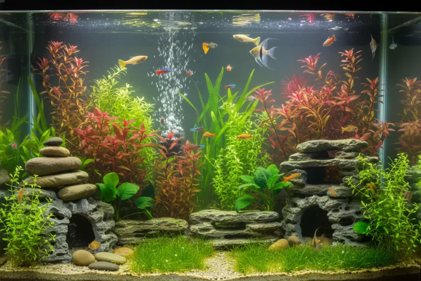 Um aquário de água doce bem plantado com peixes coloridos nadando