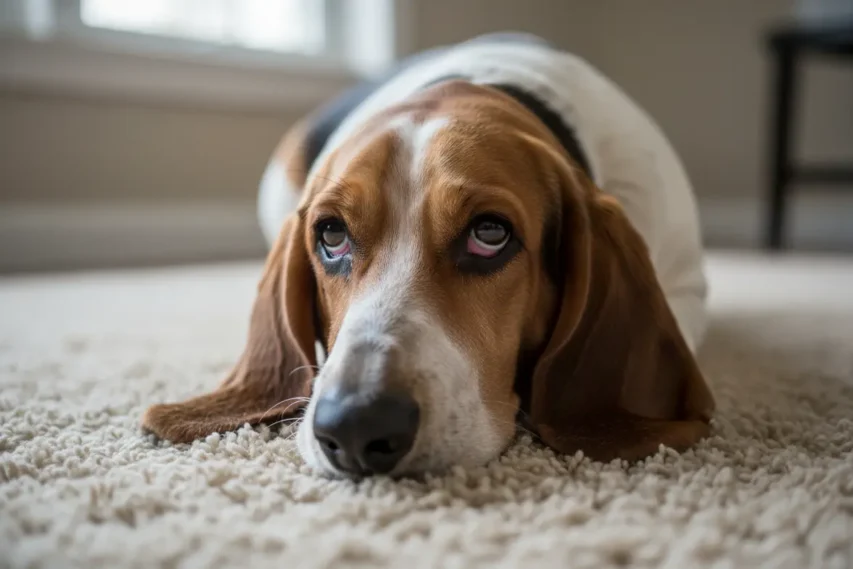 Basset Hound pensativo com expressão de cão ranzinza