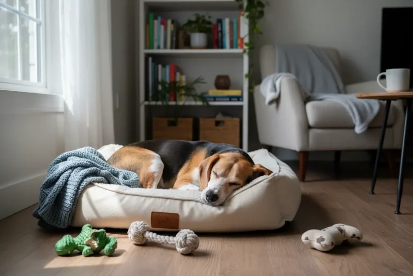 Cachorro relaxado em ambiente tranquilo e seguro.