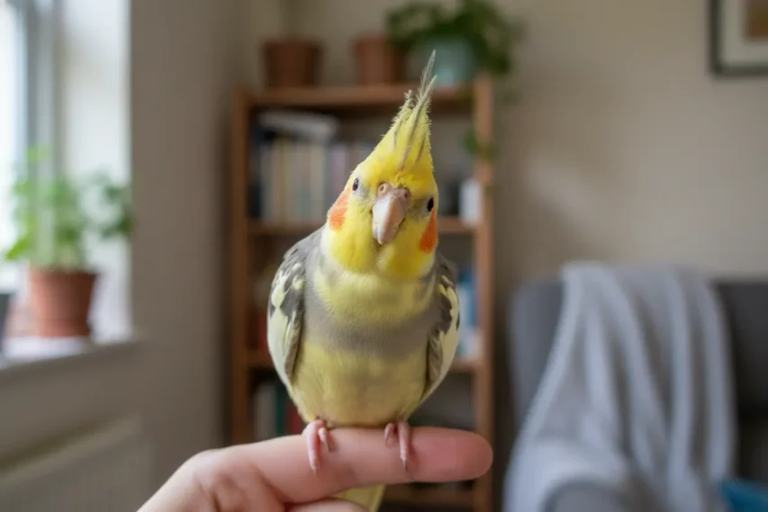Calopsita amigável pousada no ombro de um tutor sorridente