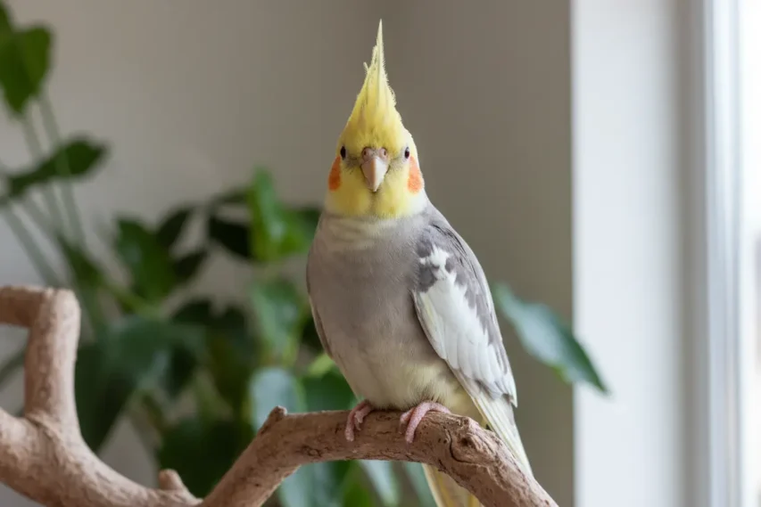 Calopsita saudável com penas brilhantes e olhos atentos