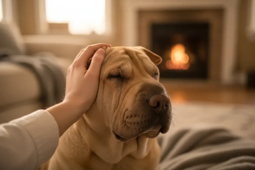 Mão fazendo carinho em um Shar-Pei ranzinza e reservado