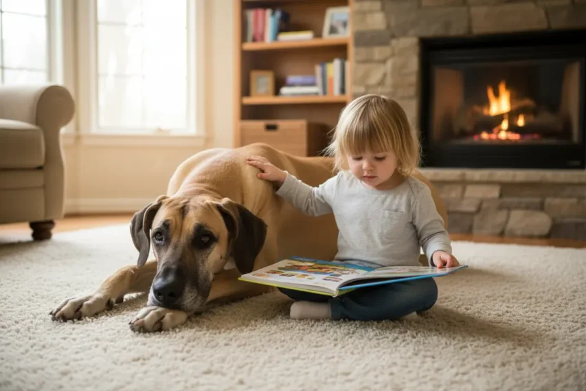 Cão Dogue Alemão gigante brincando com criança.