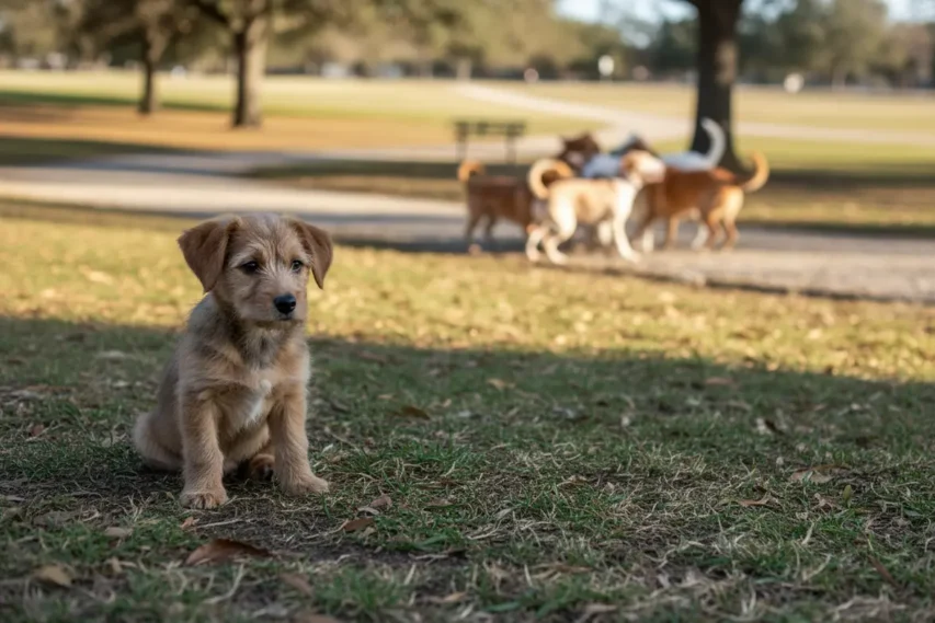 Filhote tímido aprendendo a se socializar.