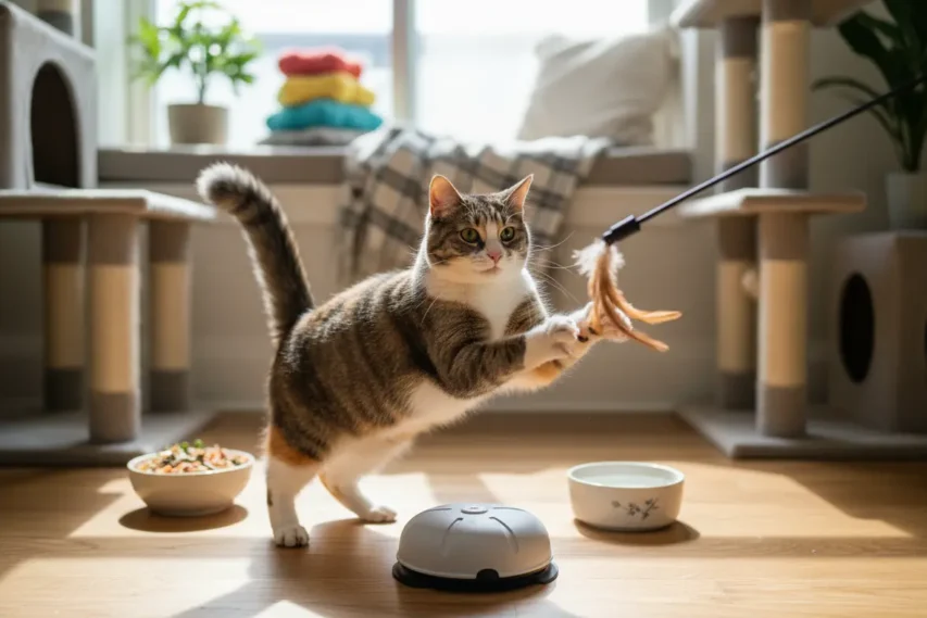 Gato ativo em ambiente enriquecido brincando