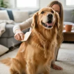 Golden retriever escovando pelo