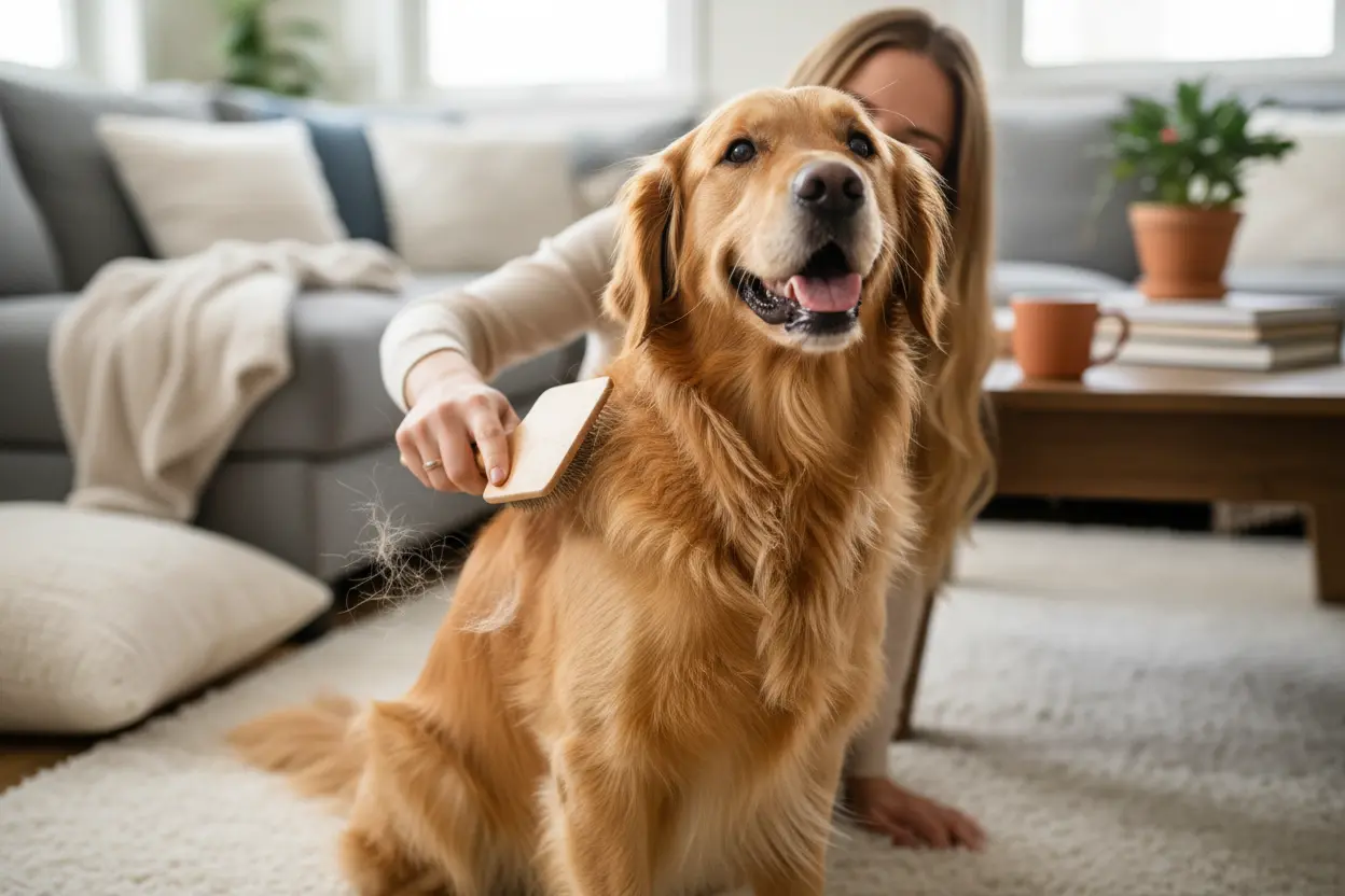 Golden retriever escovando pelo