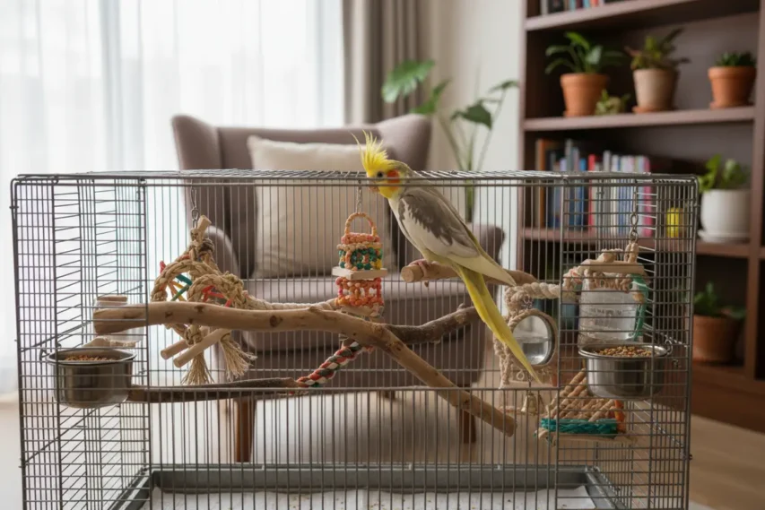 Gaiola de calopsita decorada com poleiros naturais e brinquedos