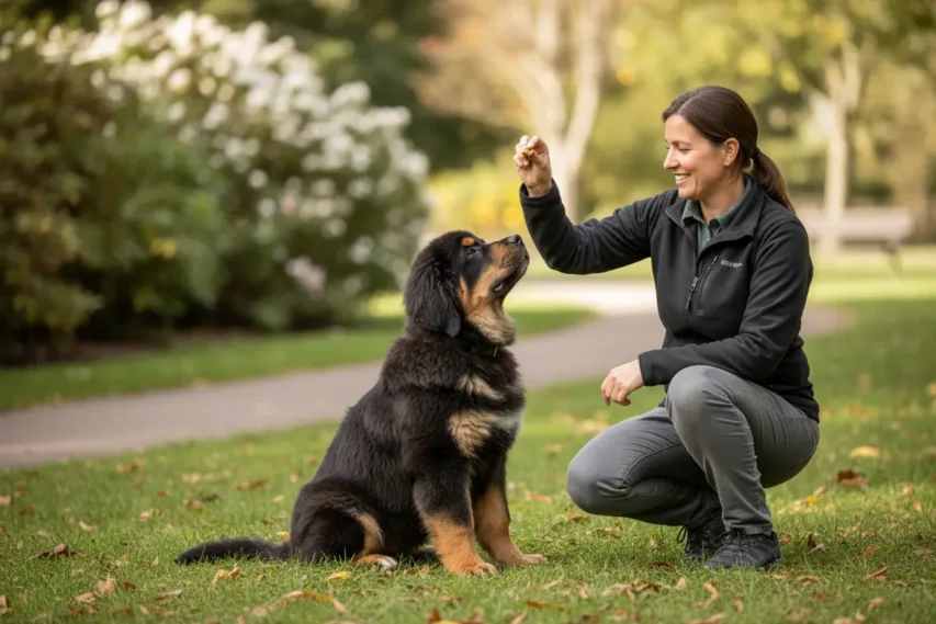 Treinamento de filhote de Terra Nova com coleira.