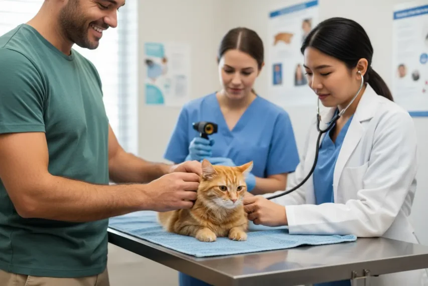 Tutor e gato em consulta veterinária de rotina