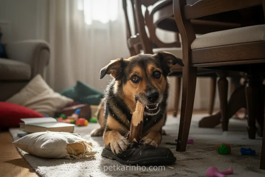 Cão roendo móvel com estresse e ansiedade de separação